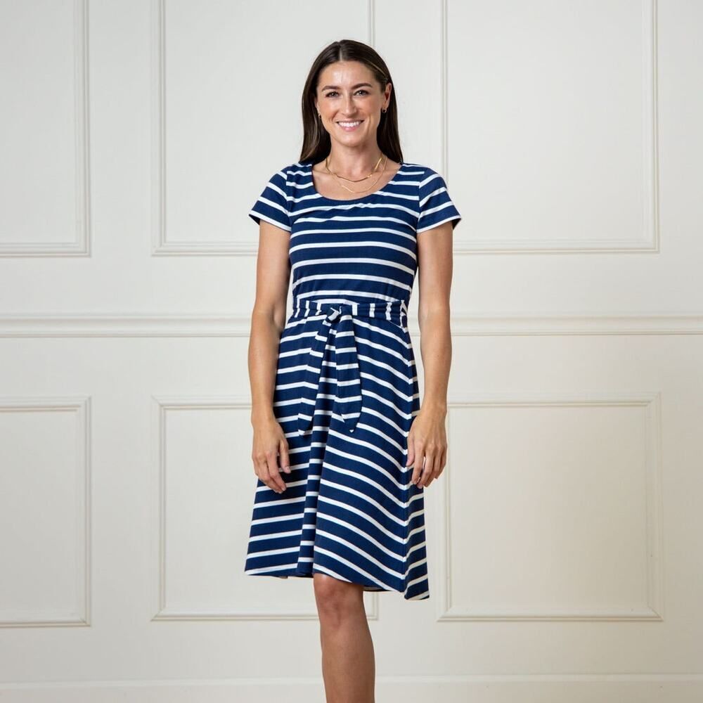 Hope & Henry Navy White Stripe‎ Organic Tie-Waist Knit Dress Size 8